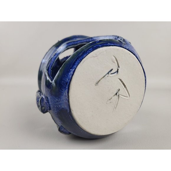 Cobalt Blue Glazed Art Pottery Fairy Cottage Tealight Candle Holder Artist Marke - Picture 9 of 14